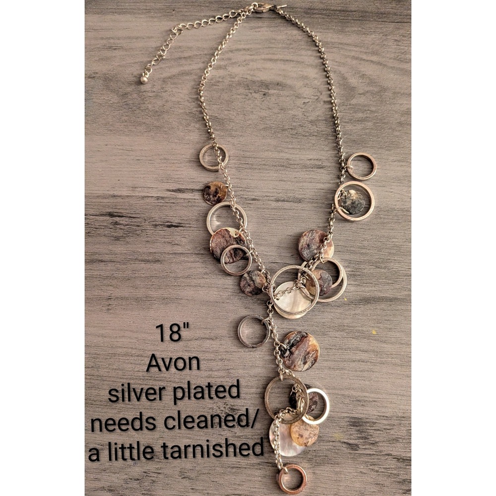 Avon Silver Plated Shell Disc Drop Necklace Boho Layered Circle Dangle 18 Inch